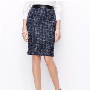 Ann Taylor Black Tweed Pencil Skirt 2P Leather Waist Detail NWT